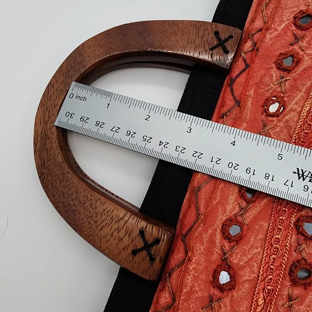 Thai Fabric Wooden Handle Tote Bag Orange Embroidered Artisan Boho Hippie 10x6